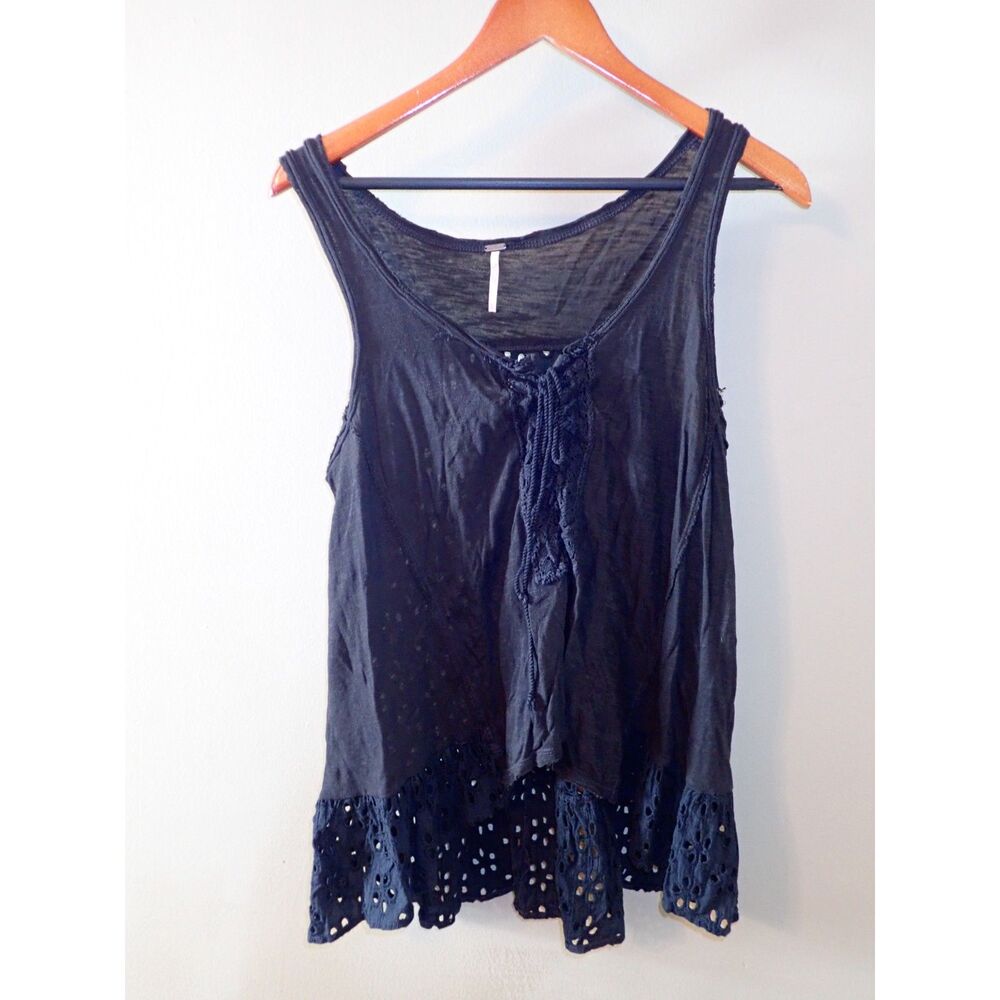 Free People XS Black Summer Tank Top Eyelet Boho Summer Festival Flowy